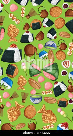 Hand-drawn vector illustration of onigiri, taiyaki, and matcha tea on a green background. Stock Vector