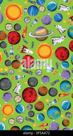 Colorful vector illustration of planets, suns, and spaceships on a vibrant green background. Stock Vector