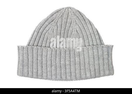 Gray knitted hat on a white background. Warm woolen hat. Stock Photo