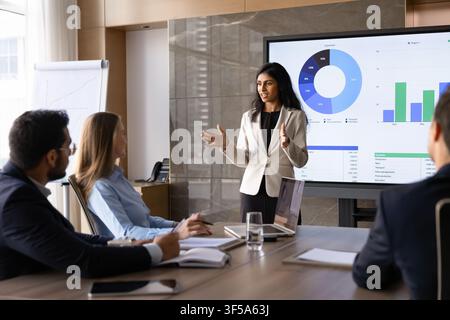 Businesswoman explaining analytics charts displaying on screen to colleagues Stock Photo