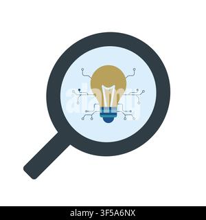 Vector illustration of a magnifying glass focusing on a lightbulb with circuit board lines representing innovative technological search and discovery. Stock Vector