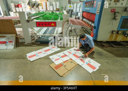 Luanan, China - July 30, 2026: Worker Checking Printed Carton Templates Stock Photo