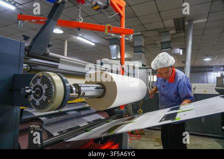 Luanan, China - July 30, 2026: Worker Debugging Printing Machine to Align Printed Boards Stock Photo