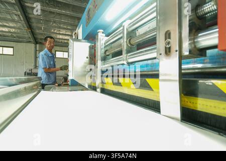 Luanan, China - July 30, 2026: Female Worker Debugging Carton Printing Machinery Stock Photo