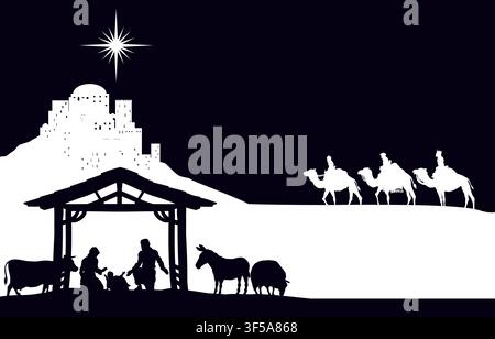 A Christmas nativity scene with baby Jesus in the manger, wise men and city of Bethlehem in the background Stock Vector