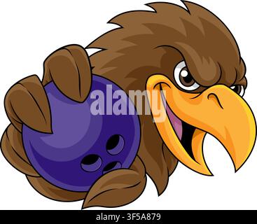 An eagle, falcon, hawk, osprey or other bird of prey holding a bowling ball cartoon sports mascot. Stock Vector