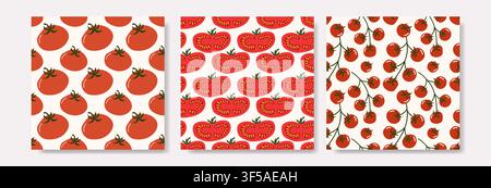 Set of three hand drawn seamless vector patterns with whole red tomatoes, cut slices, and cherry tomatoes on branches for packaging. Stock Vector