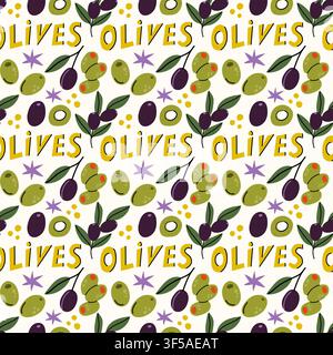 Cute hand drawn seamless vector pattern featuring green and purple black olives with lettering on light cream background for food packaging. Stock Vector