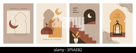 Set of Ramadan Kareem banner, poster, greeting card, cover design with mosque, crescent moon, lantern in abstract flat geometric style. Stock Vector