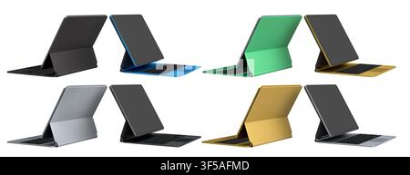 Multiple black-framed digital tablets stacked with colorful sheets, isolated on white background Stock Photo