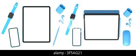 Flat lay of smartwatch, smartphone, earbuds, stylus, and tablet covers, isolated on white background, tech concept Stock Photo