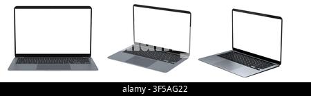 Set of laptops with blank white screens, displayed in angled views isolated on white background, concept of technology Stock Photo