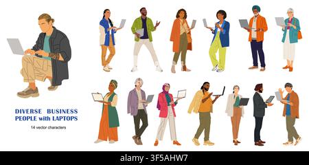 Set of show diverse individuals using laptops Stock Vector