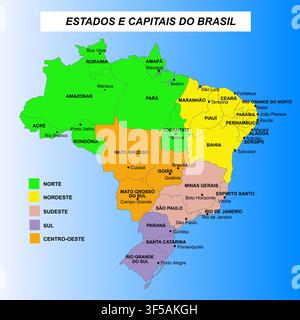 Vectorized map of Brazil showing states and their respective capitals, divided into regions. Stock Vector