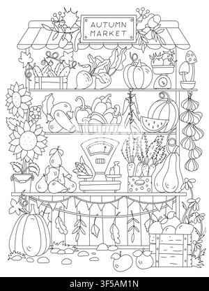 Coloring Page In Progress Featuring An Autumn Stall With Vegetables And Fruits Stock Vector