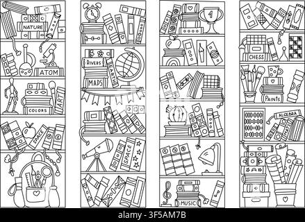 School-Themed Bookmark Set And Coloring Bookshelf Stock Vector