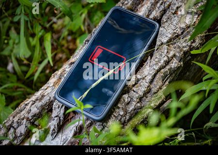 Low Battery Smartphone Outdoors on Fallen Tree Trunk During Power Crisis Stock Photo