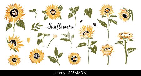 Set of Sunflowers bloom with vibrant yellow petals Stock Vector