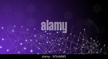 Technology background concept, Abstract connected line dots network on bright polygon purple blurred background Stock Photo