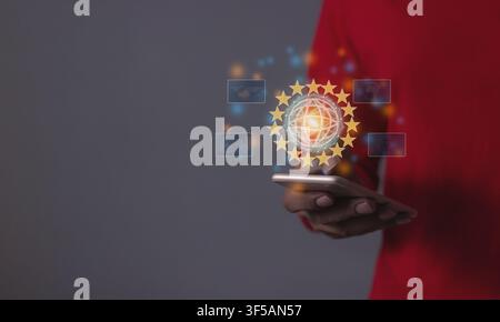 Young man hand using smartphone to Interconnect, Interconnected Concept; People connect via wireless internet in a world of digital technology and com Stock Photo