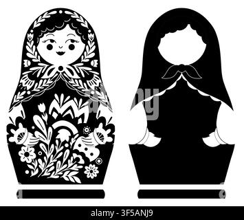 Vector set of black and white Russian nesting doll with floral pattern and blank silhouette. Perfect for laser cutting, stickers, crafts, and prints. Stock Vector