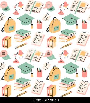 Vector seamless pattern with cute school supplies, books, graduation cap, and backpack. Ideal for back to school design, wallpaper, fabric, and statio Stock Vector
