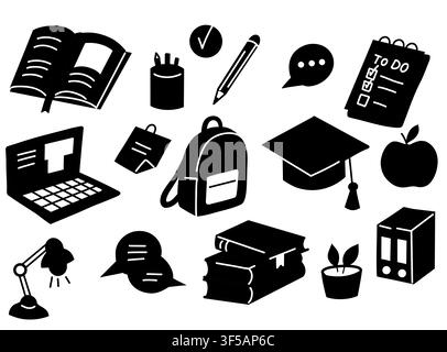 Vector set of black silhouette school clip art. Back to school. Monochrome collection of education and learning illustrations for stickers and banners Stock Vector