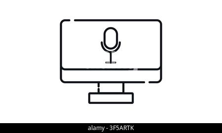 Desktop computer with microphone symbol on screen vector icon. Black line art style on white background. Stock Vector
