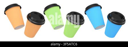 Multiple disposable coffee cups with black lids isolated on white background, concept of takeaway drink and street food Stock Photo