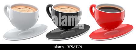 Set of colorful ceramic coffee cups with hot drinks, glossy style isolated on white background, concept of variety and refreshment Stock Photo
