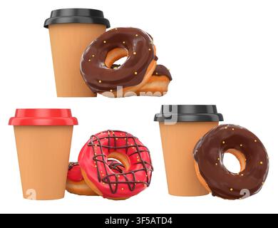 Assorted donuts with colorful icing and sprinkles next to takeaway coffee cups, isolated on white, sweet snack concept Stock Photo