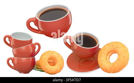 Assortment of coffee cups in various colors with frosted donuts, isolated on white background, concept of sweet breakfast treat Stock Photo