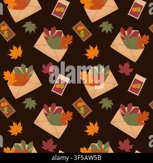 Autumn seamless pattern with craft envelopes full of fallen leaves and stamps on dark background flat Stock Vector