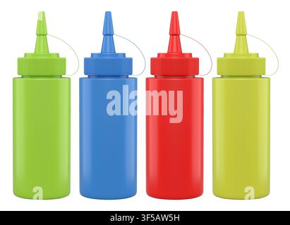 Set of plastic squeeze ketchup and mustard bottles with pointed cone caps lined up side by side isolated on white background Stock Photo