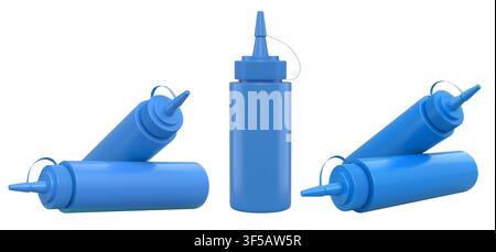 Set of plastic squeeze ketchup and mustard bottles with pointed cone caps lined up side by side isolated on white background Stock Photo