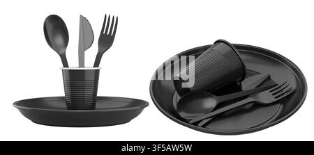 Set of colorful plastic tableware sets with plates, cups, and matching cutlery isolated on white background, Stock Photo