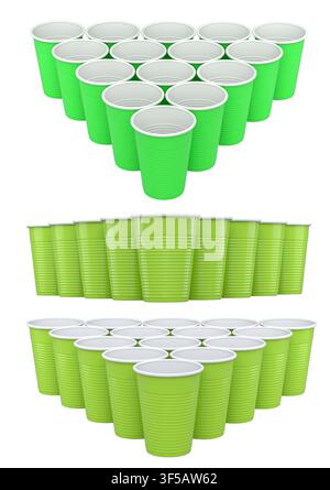 Colorful plastic cups arranged in triangle shapes and isolated on white, symbolizing party games and beverage fun Stock Photo