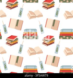 Cozy seamless pattern with stacks of books open pages and bookmarks on white background flat Stock Vector