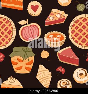 Autumn seamless pattern with pies cakes jam jar and croissants on dark background flat Stock Vector