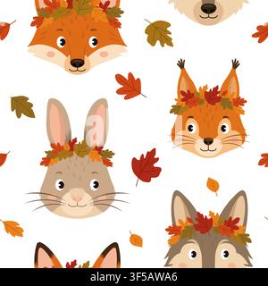Seamless pattern with cute forest animals wearing autumn leaf wreaths on white background flat Stock Vector