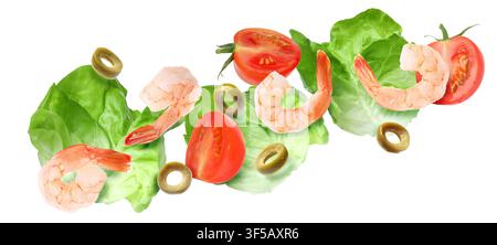 Shrimps, tomatoes, lettuce leaves and olive slices falling against white background Stock Photo