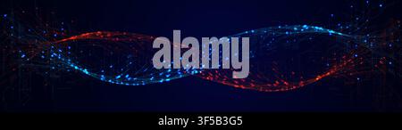 Abstract Technology Background With Red And Blue Particle Waves, Abstract DNA Helix, Glowing Digital Data Streams And Network Connections On Dark Stock Vector