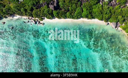 A tropical beach with turquoise water, lush forest, and white sand seen from above. La Digue, Seychelles. Stock Photo