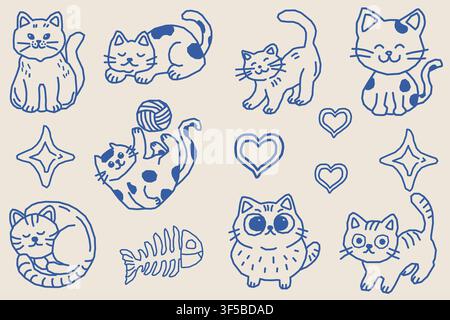 Cute cat doodle with kittens hearts and yarn vector illustration Stock Vector