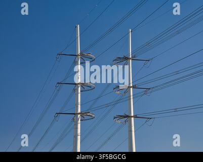 Netherlands - Apr 21 2026: Tall electricity pylons and power lines form bold geometric patterns against a clear blue sky in the Netherlands Stock Photo