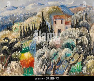 Paul Kleinschmidt (1883–1949) - Late Afternoon (House in the Olive Grove) -1939 - The painting showcases Kleinschmidt's characteristic heavy, impasto brushwork and thick layers of paint. It portrays a secluded house nestled inside a dense, rolling grove of olive and cypress trees with a rugged mountain range rising in the background. Rather than a traditional realist depiction, the composition uses distorted forms and a rich, vibrant color palette—blending cool silvers, deep greens, and a burst of warm orange and yellow earth tones—to evoke the heavy, dramatic atmosphere of the late afternoon Stock Photo