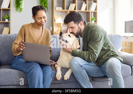 Happy couple at home with dog using laptop on cozy sofa in bright living room Stock Photo