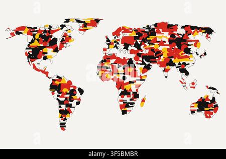 Bold world map illustration made of geometric shapes in red, black and yellow on a cream background. Stock Vector