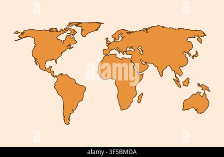 Simple flat world map illustration with solid orange continents and a dark outline on a white background. Stock Vector
