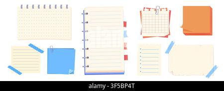 Memo notes, notebook paper for note with clip, tape. Spiral bindings, and authentic notebook aesthetics. Planner notebook page. Idea list. Post note sticker. Quote frame, reminder. Vector illustration Stock Vector
